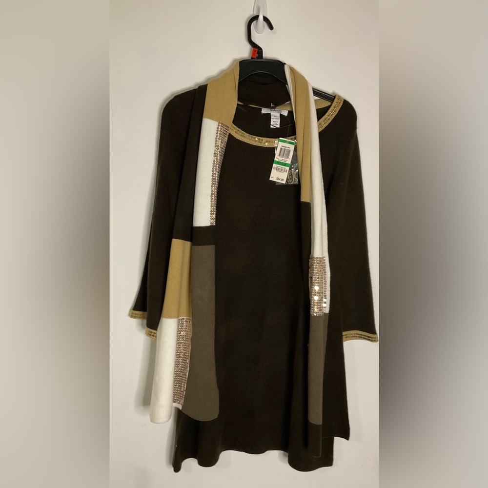 Style & Co brown sweater long sleeve dress sequence scarf Size Petite Large